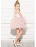 Blush Pink Lace Tulle Keyhole Corset Back Flower Girl Dress